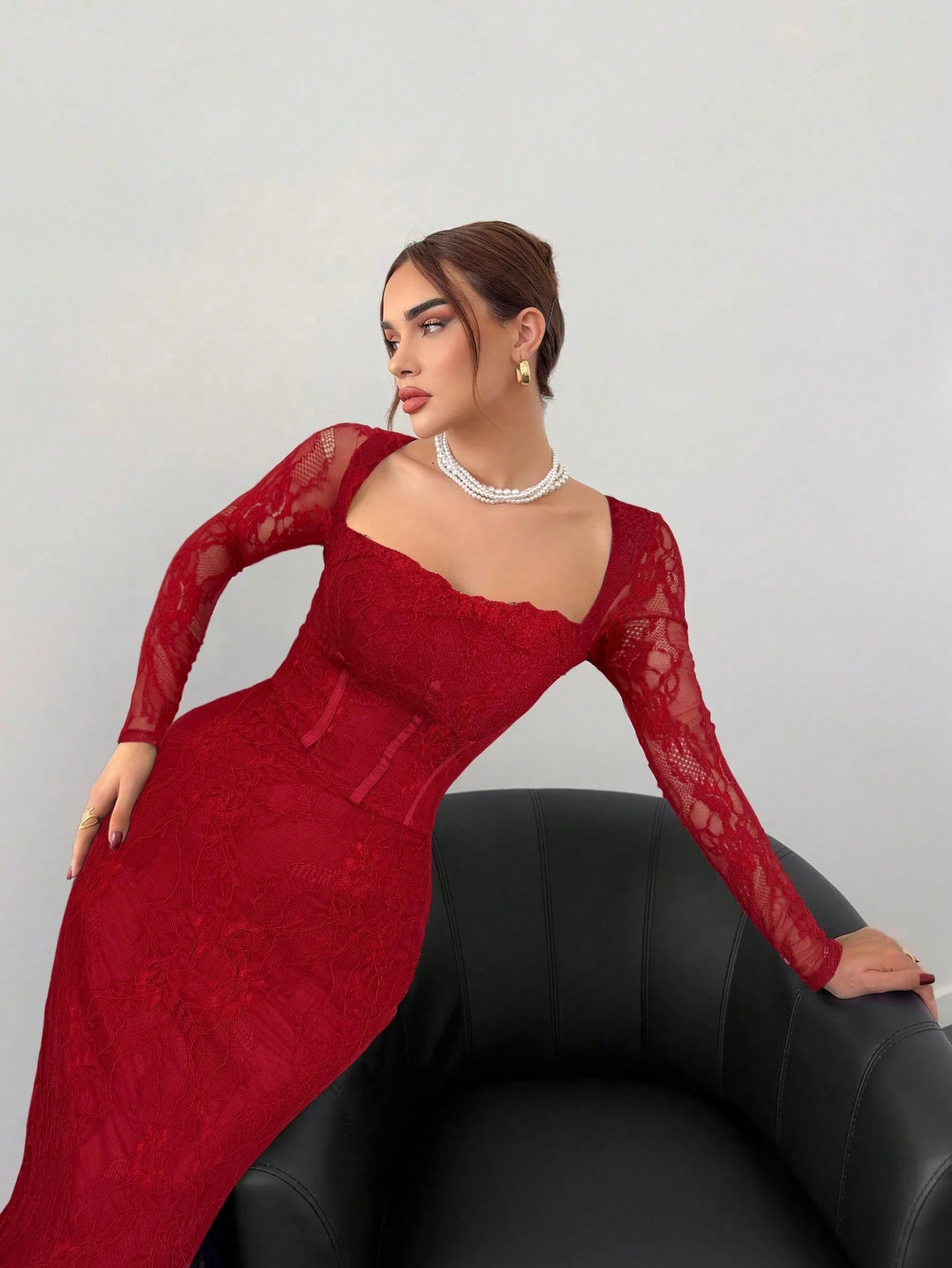 Sexy S-Shaped Lace Long Sleeve Cupped Corset Collar Slim Fitted Floor Length Dress shein