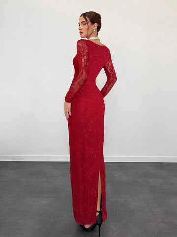 Sexy S-Shaped Lace Long Sleeve Cupped Corset Collar Slim Fitted Floor Length Dress