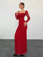 Sexy S-Shaped Lace Long Sleeve Cupped Corset Collar Slim Fitted Floor Length Dress shein