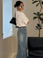 DAZY Distressed Wash Faded Long Slit Pocket Women Denim A-Line Skirt shein
