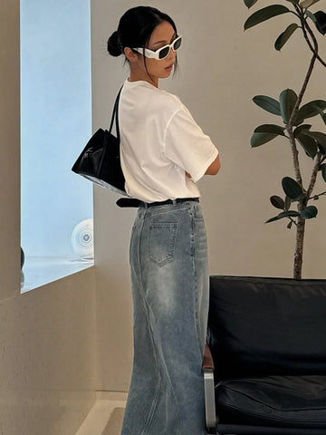 DAZY Distressed Wash Faded Long Slit Pocket Women Denim A-Line Skirt