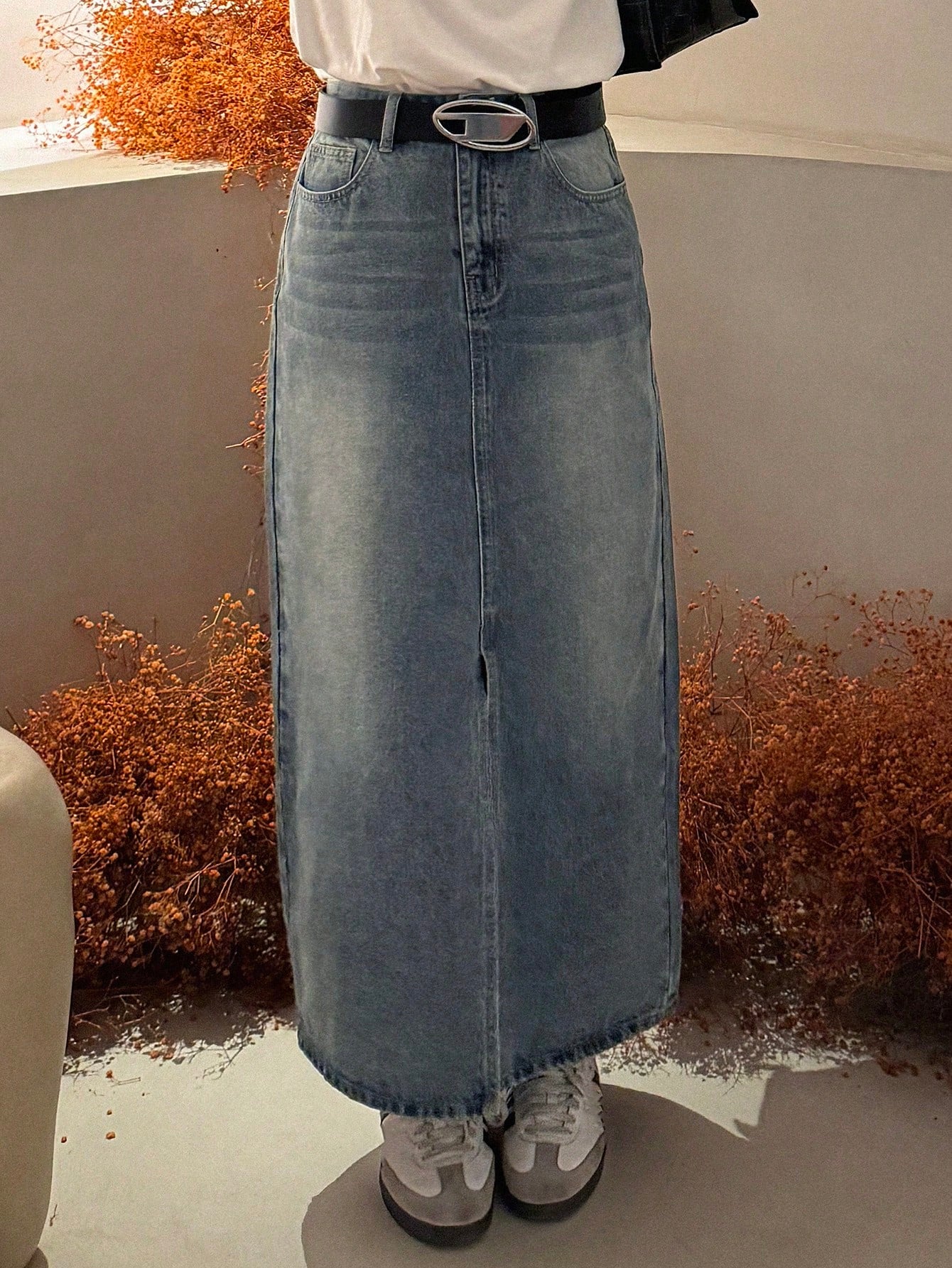 DAZY Distressed Wash Faded Long Slit Pocket Women Denim A-Line Skirt