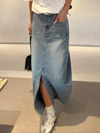 DAZY Distressed Wash Faded Long Slit Pocket Women Denim A-Line Skirt shein