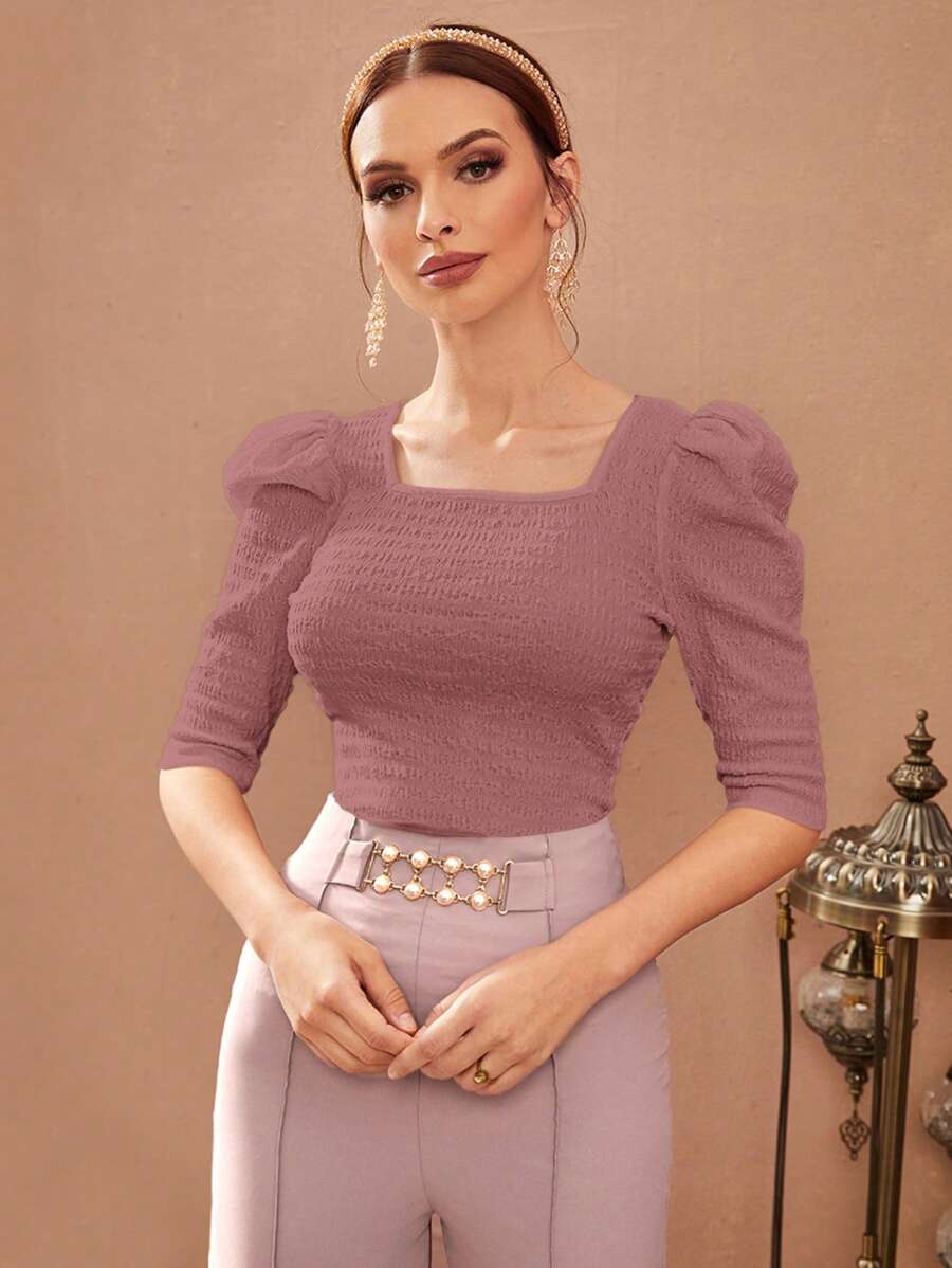 Modely Women's Square Neck Puff Sleeve T-Shirt shein