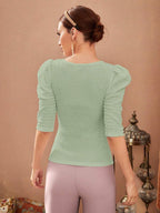 Modely Women's Square Neck Puff Sleeve T-Shirt shein