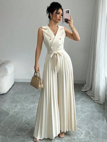 Elenzga Women's Elegant Double-Breasted Pleated Jumpsuit