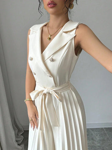 Elenzga Women's Elegant Double-Breasted Pleated Jumpsuit