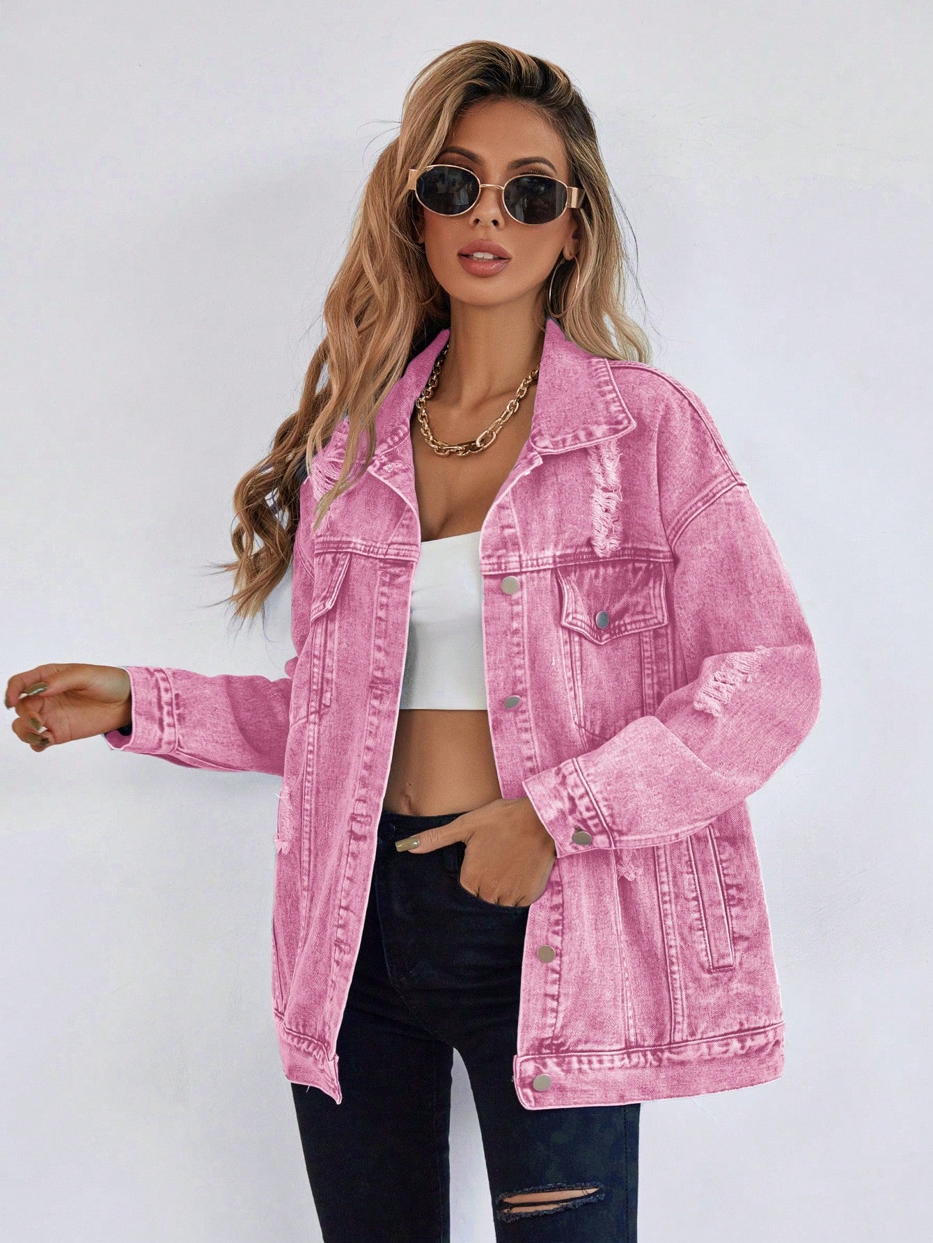 Frenchy Ripped Drop Shoulder Denim Coat
