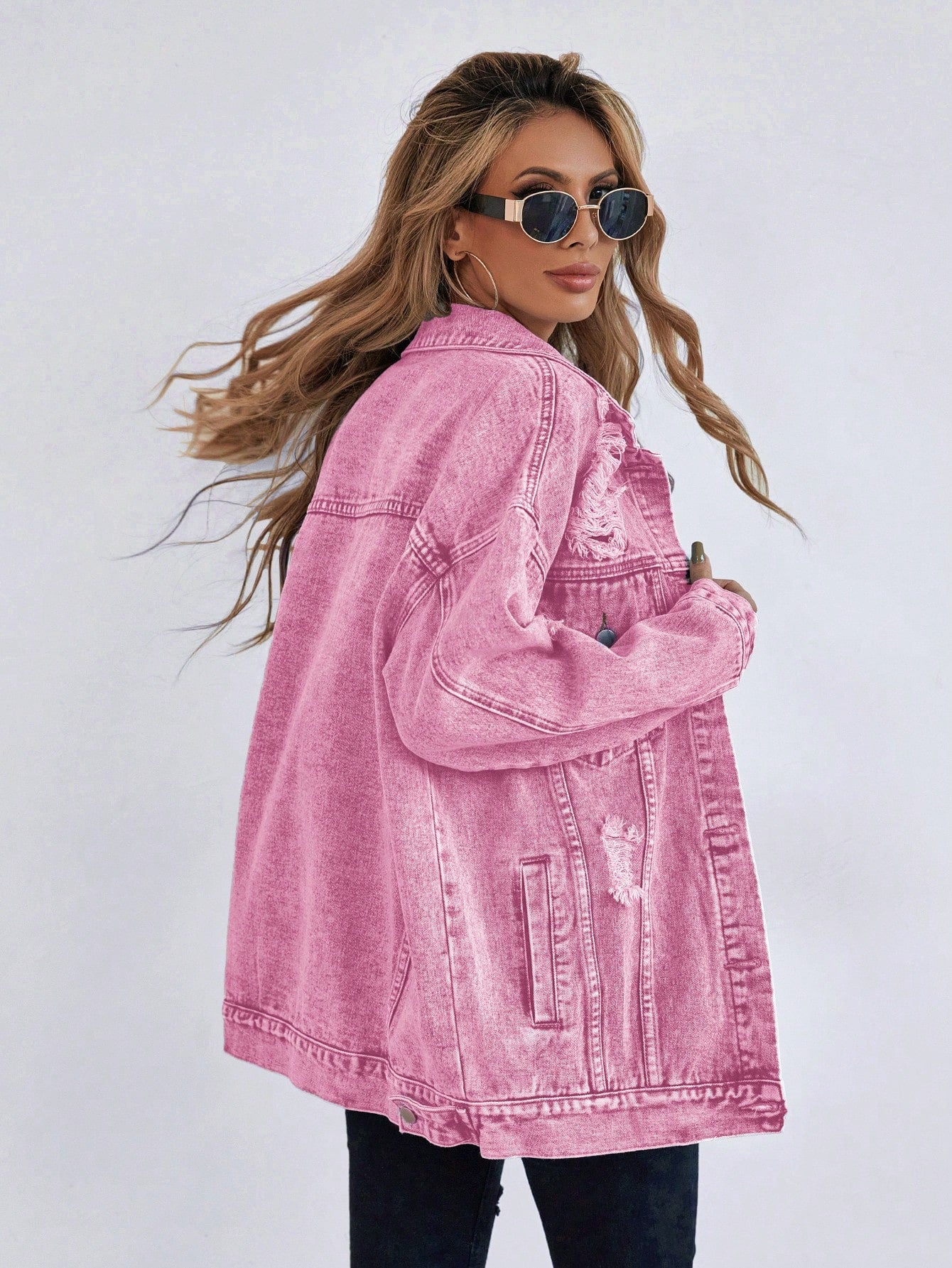 Frenchy Ripped Drop Shoulder Denim Coat