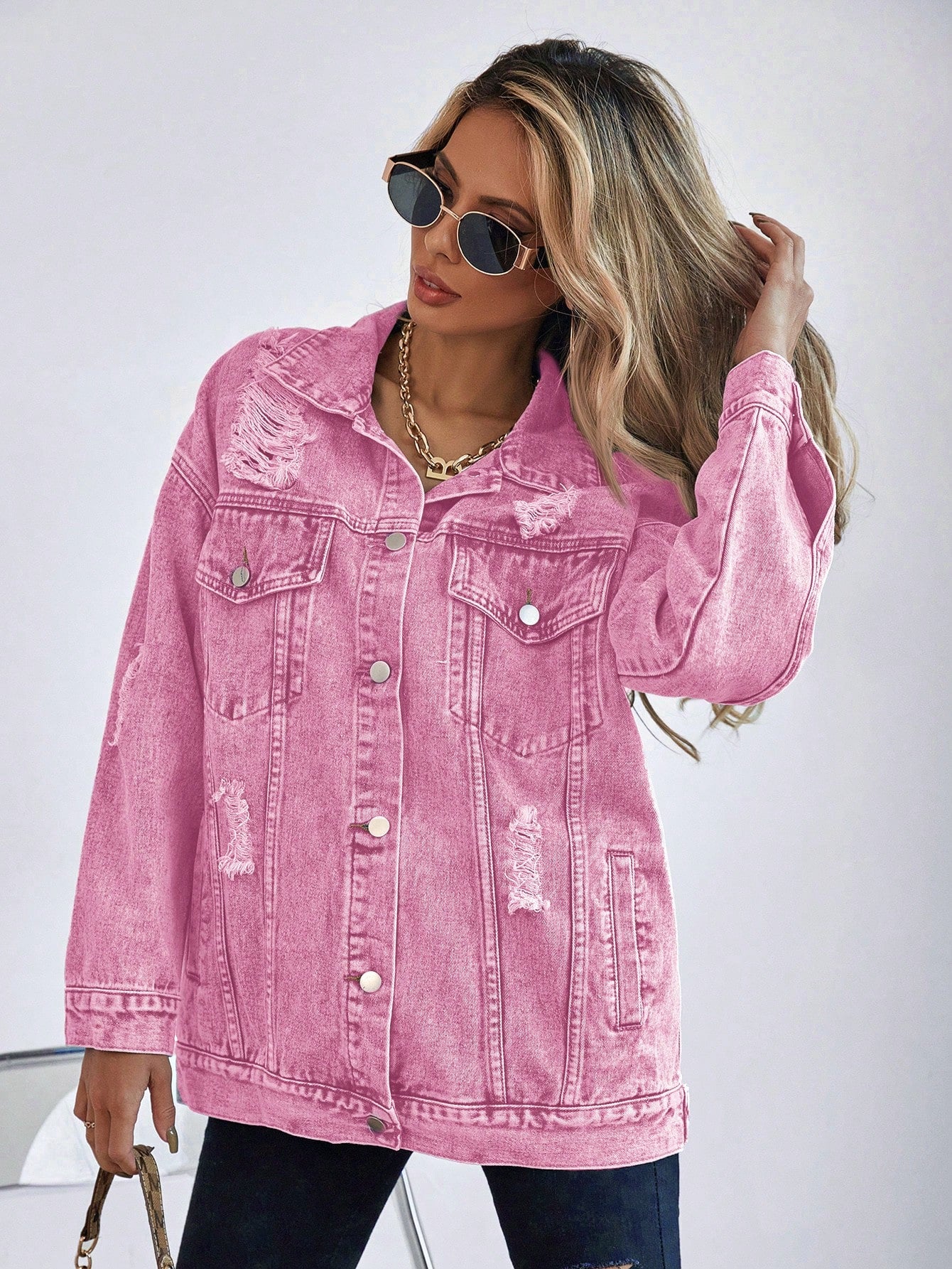 Frenchy Ripped Drop Shoulder Denim Coat