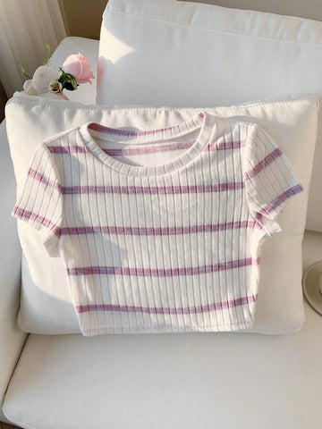 Women's Ribbed Ribbed Crew Neck T-Shirt