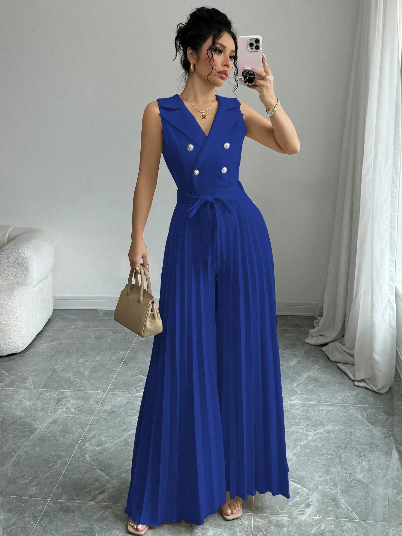 Elenzga Women's Elegant Double-Breasted Pleated Jumpsuit