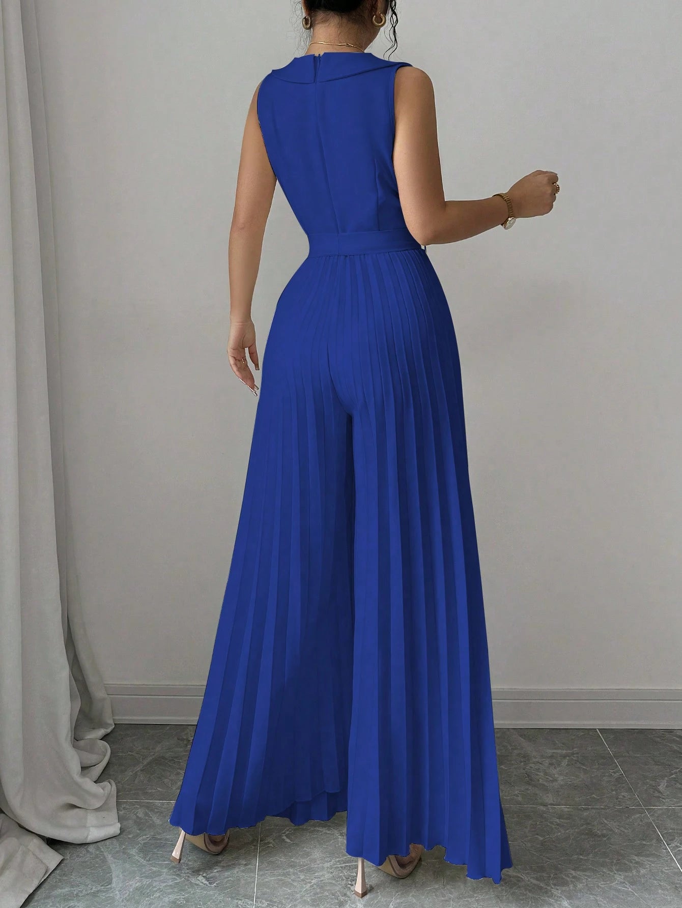 Elenzga Women's Elegant Double-Breasted Pleated Jumpsuit