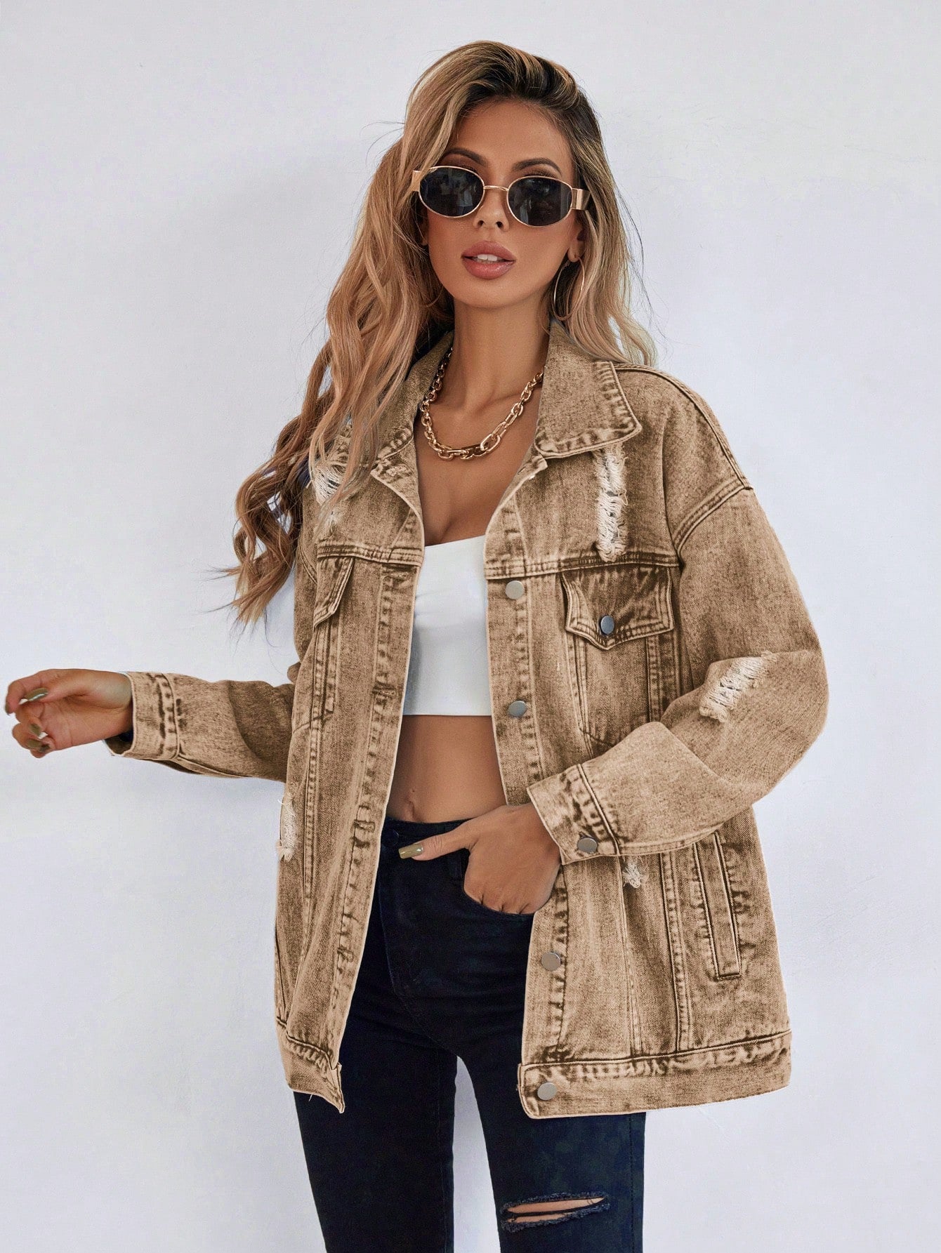 Frenchy Ripped Drop Shoulder Denim Coat