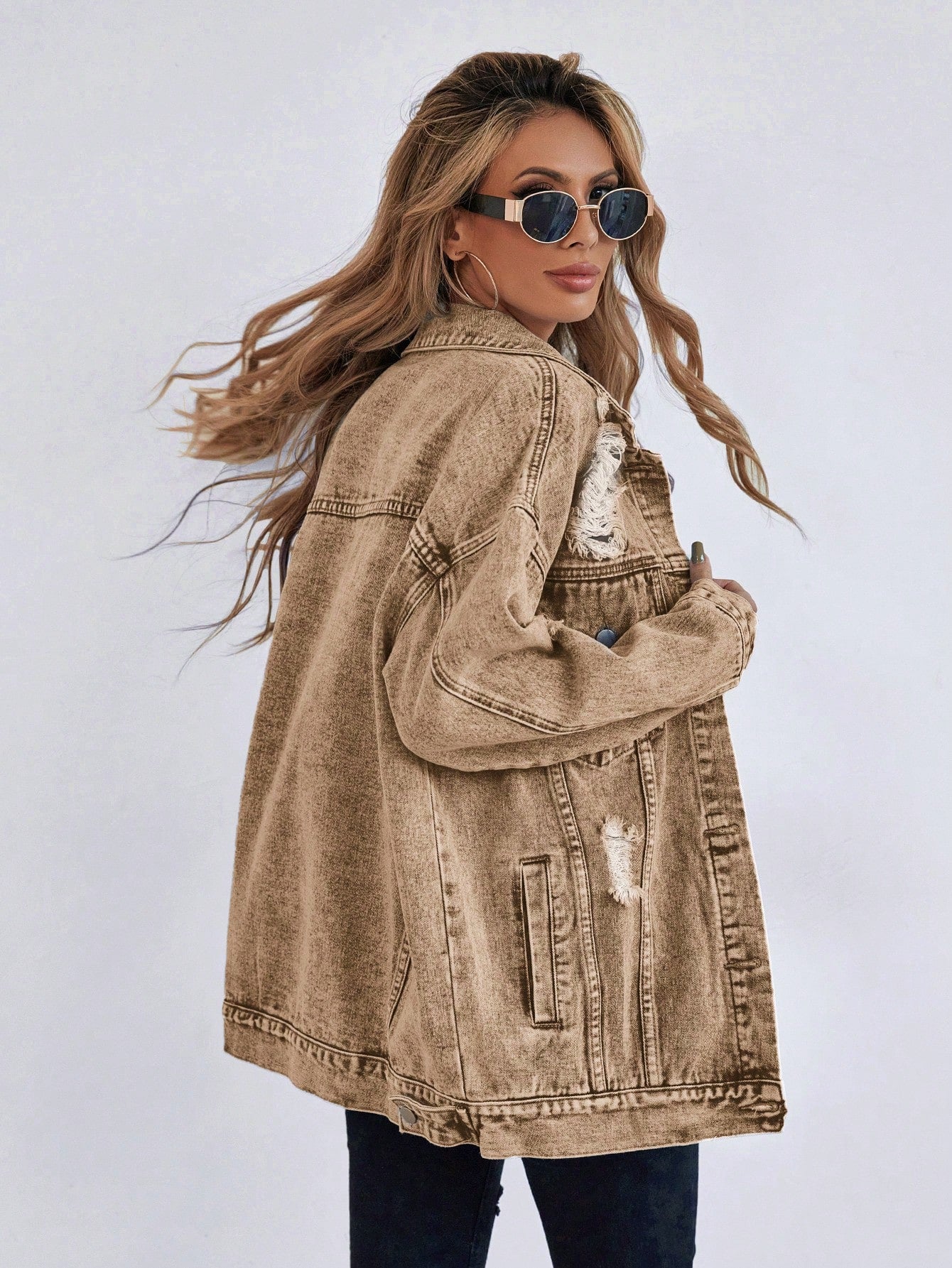 Frenchy Ripped Drop Shoulder Denim Coat