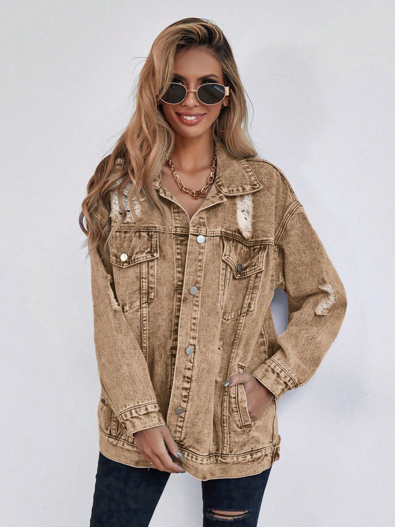 Frenchy Ripped Drop Shoulder Denim Coat