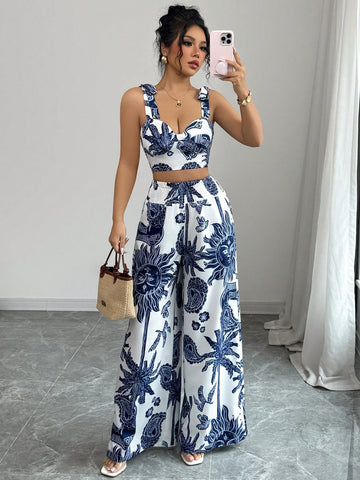Bohemian Style Bib Strap Crop Top With Tie Waist Straight Leg Pants
