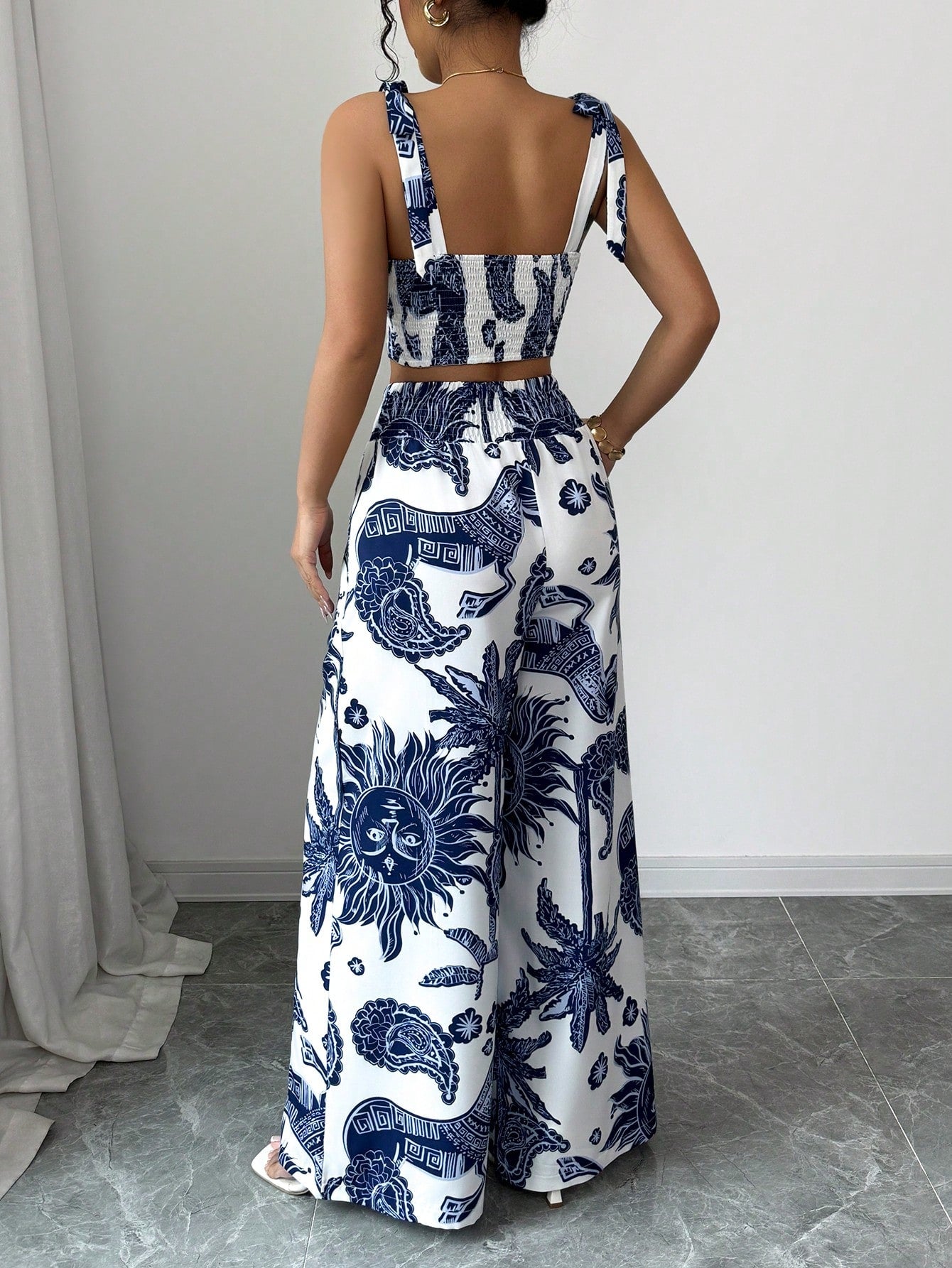 Bohemian Style Bib Strap Crop Top With Tie Waist Straight Leg Pants shein