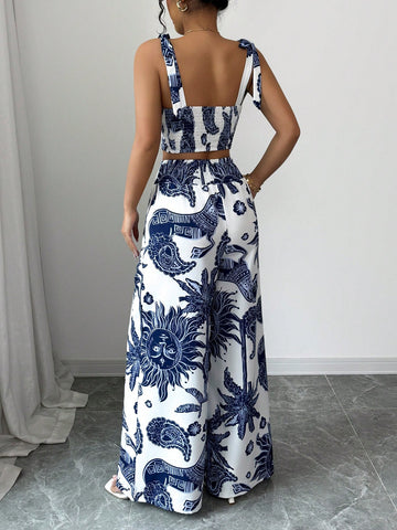 Bohemian Style Bib Strap Crop Top With Tie Waist Straight Leg Pants