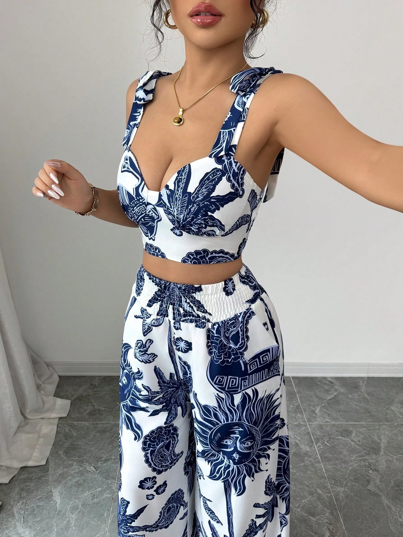 Bohemian Style Bib Strap Crop Top With Tie Waist Straight Leg Pants shein