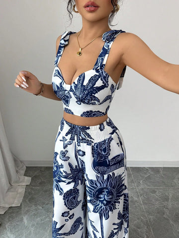 Bohemian Style Bib Strap Crop Top With Tie Waist Straight Leg Pants
