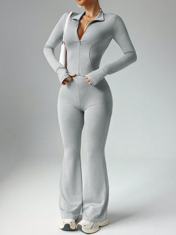 Women's Solid Color Long Sleeve Top And Long Pants Slim Fit Sports Suit