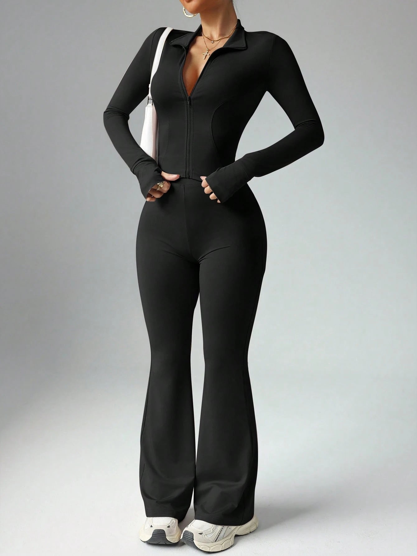 Women's Solid Color Long Sleeve Top And Long Pants Slim Fit Sports Suit