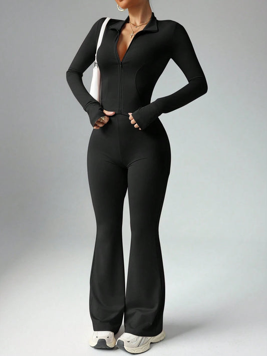 Women's Solid Color Long Sleeve Top And Long Pants Slim Fit Sports Suit