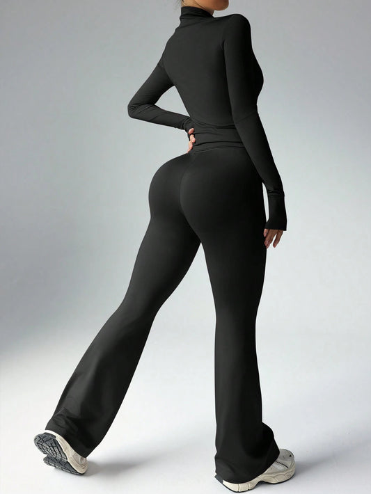 Women's Solid Color Long Sleeve Top And Long Pants Slim Fit Sports Suit