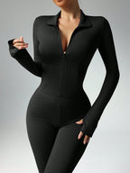 Women's Solid Color Long Sleeve Top And Long Pants Slim Fit Sports Suit shein