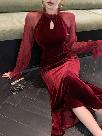 DAZY Contrast Mesh Flounce Sleeve Mermaid Hem Velvet Dress