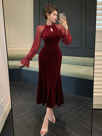 DAZY Contrast Mesh Flounce Sleeve Mermaid Hem Velvet Dress