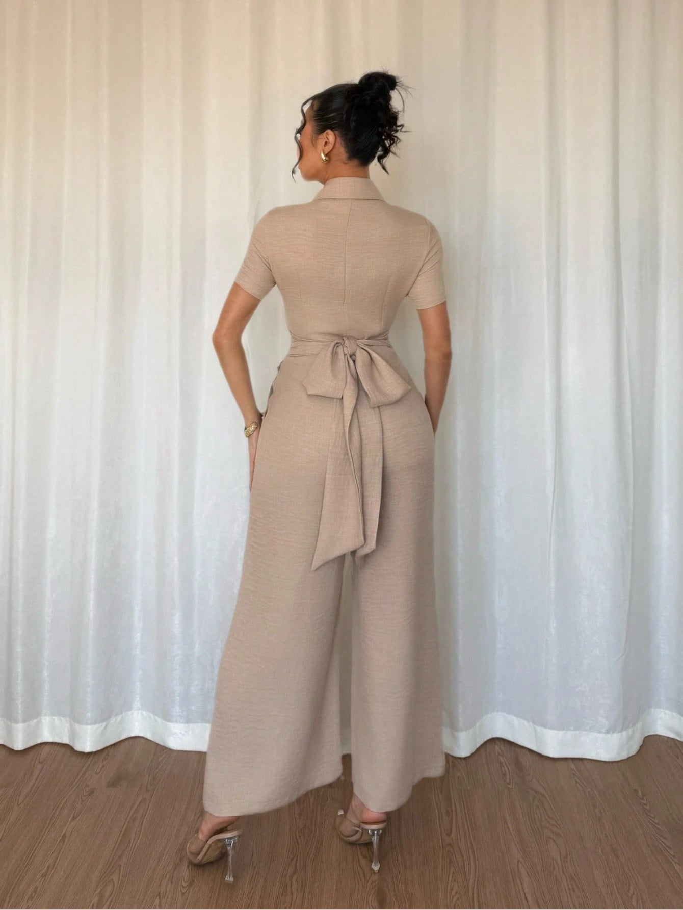 Women's Casual Khaki Jumpsuit With Drawstring Waist And Short Sleeves