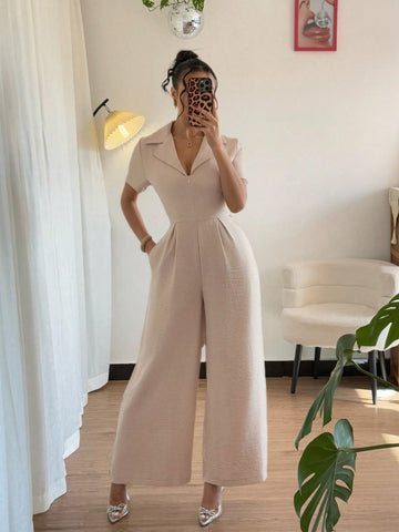 Women's Casual Khaki Jumpsuit With Drawstring Waist And Short Sleeves