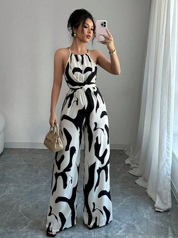 Elenzga Women's Print Fabric Ruched Jumpsuit With Halter Neck