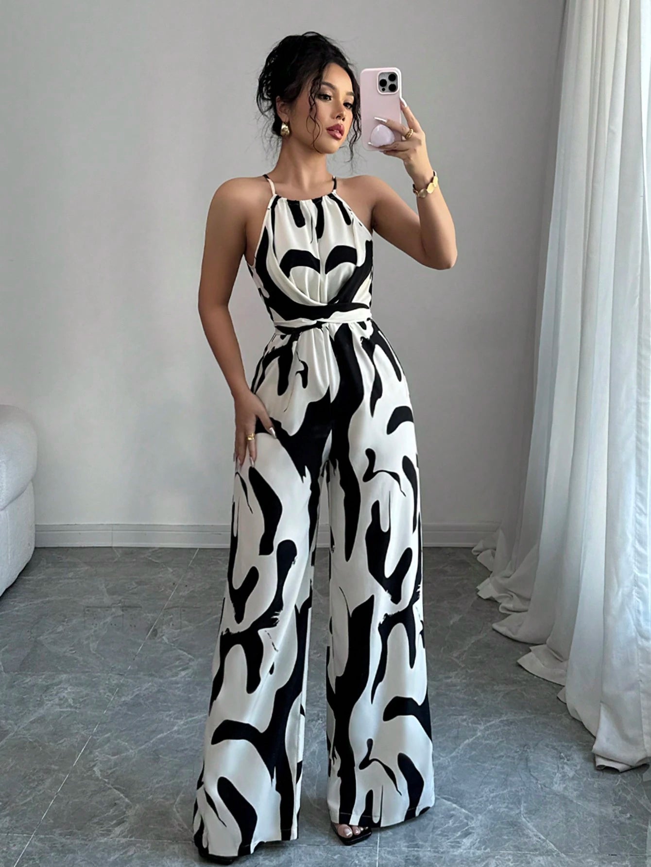 Elenzga Women's Print Fabric Ruched Jumpsuit With Halter Neck