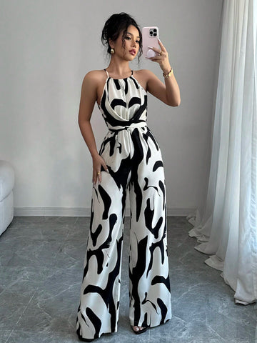 Elenzga Women's Print Fabric Ruched Jumpsuit With Halter Neck