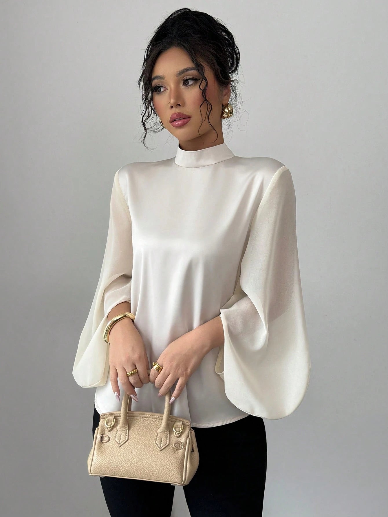 Elenzga Women's Holiday Patchwork Lantern Sleeve Elegant Blouse shein