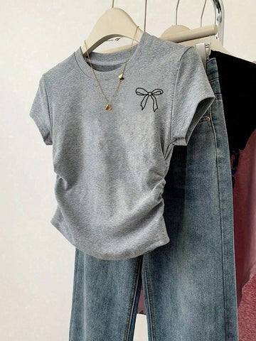 INAWLY Women Solid Color Short Sleeve T-Shirt