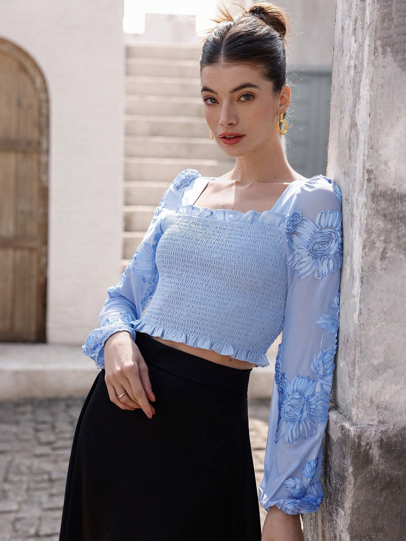 Rosie Delicate Romantic French Style Floral Embroidery Puff Sleeve Cropped Top shein
