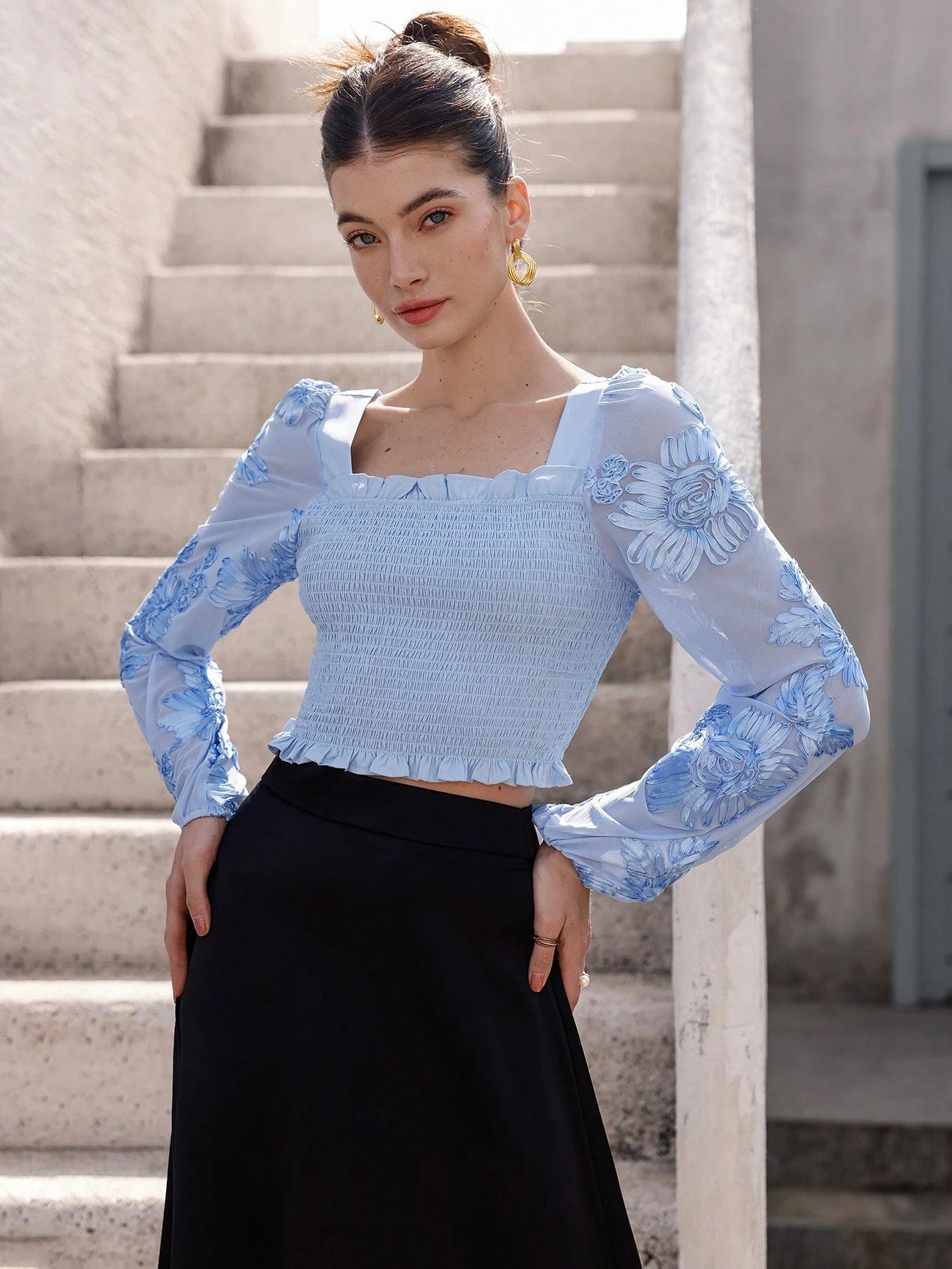 Rosie Delicate Romantic French Style Floral Embroidery Puff Sleeve Cropped Top shein