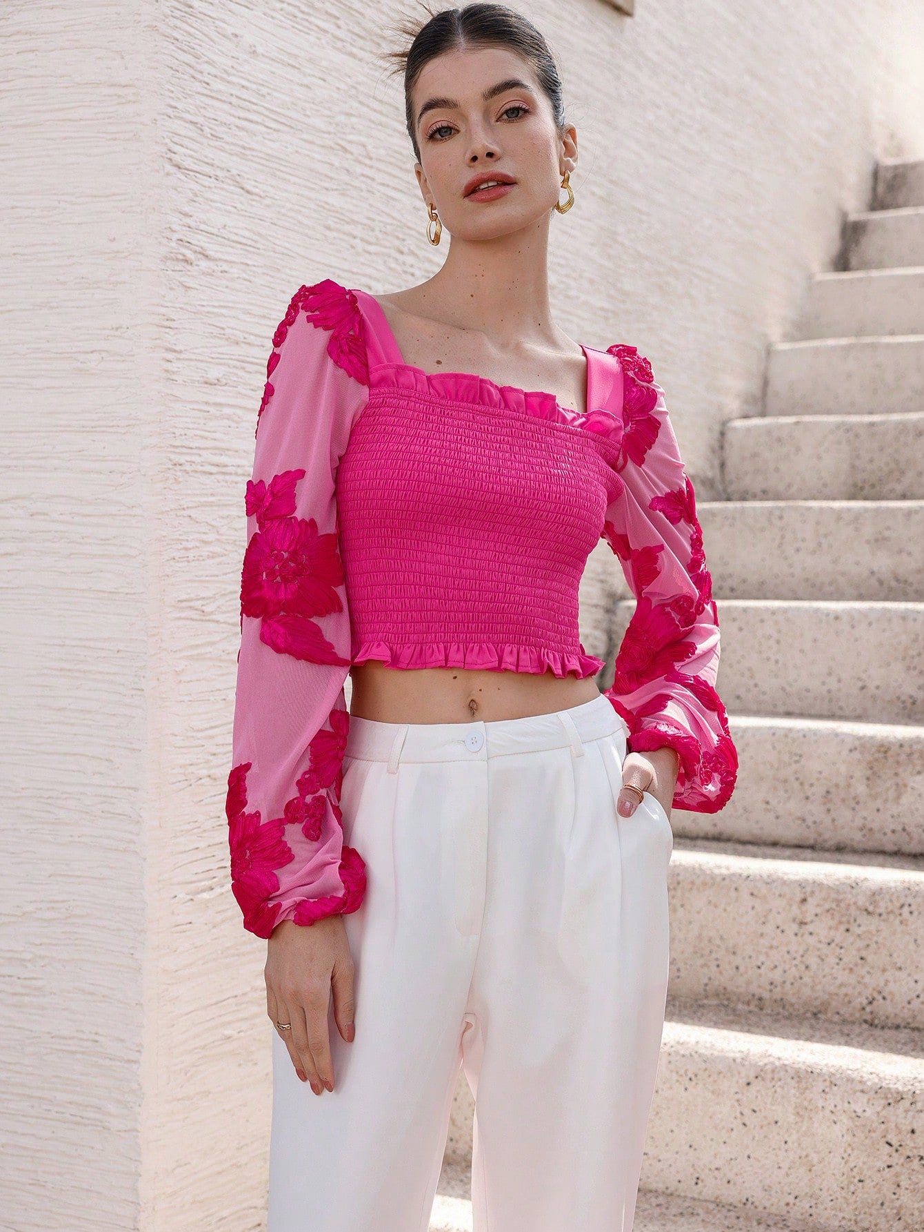 Rosie Delicate Romantic French Style Floral Embroidery Puff Sleeve Cropped Top shein