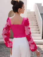 Rosie Delicate Romantic French Style Floral Embroidery Puff Sleeve Cropped Top shein
