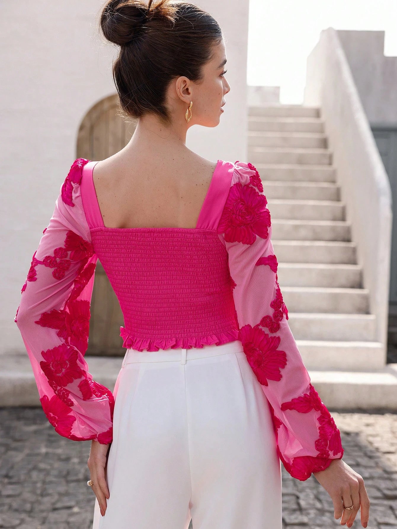 Rosie Delicate Romantic French Style Floral Embroidery Puff Sleeve Cropped Top shein