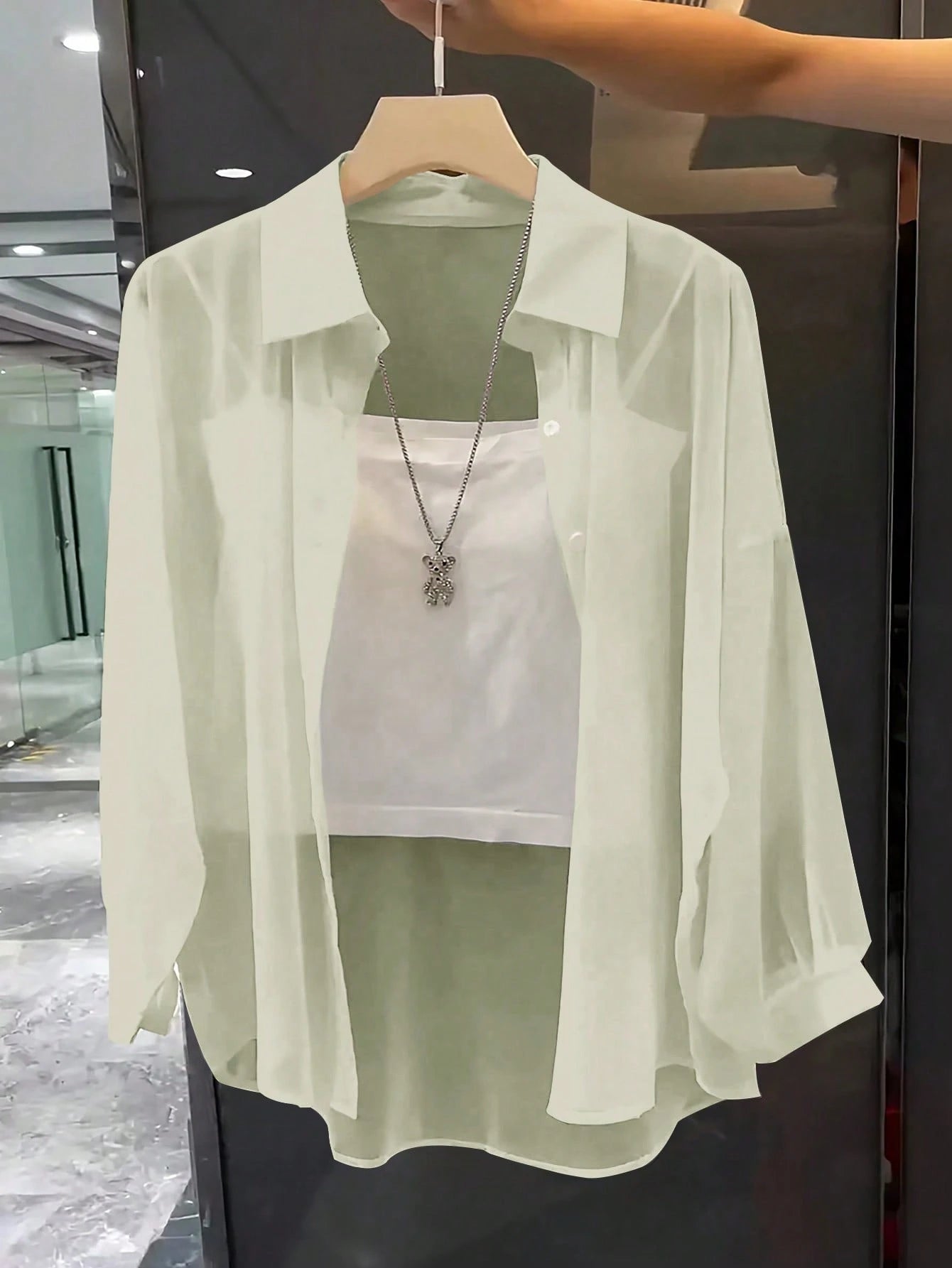 ChicEase Basic Transparent Plain Simple Collared Shirt shein