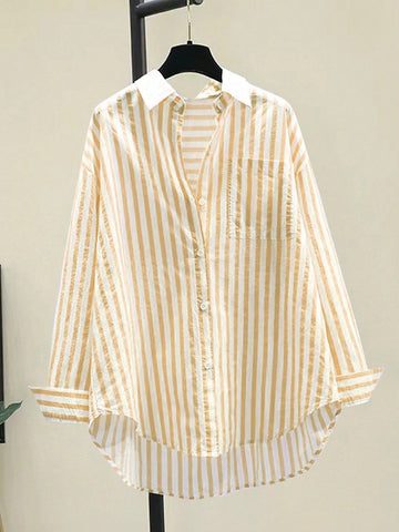 INAWLY Women's Casual Striped Print Long Sleeve Chest Pocket Shirt