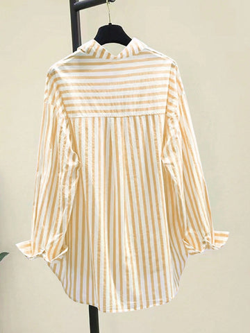 INAWLY Women's Casual Striped Print Long Sleeve Chest Pocket Shirt