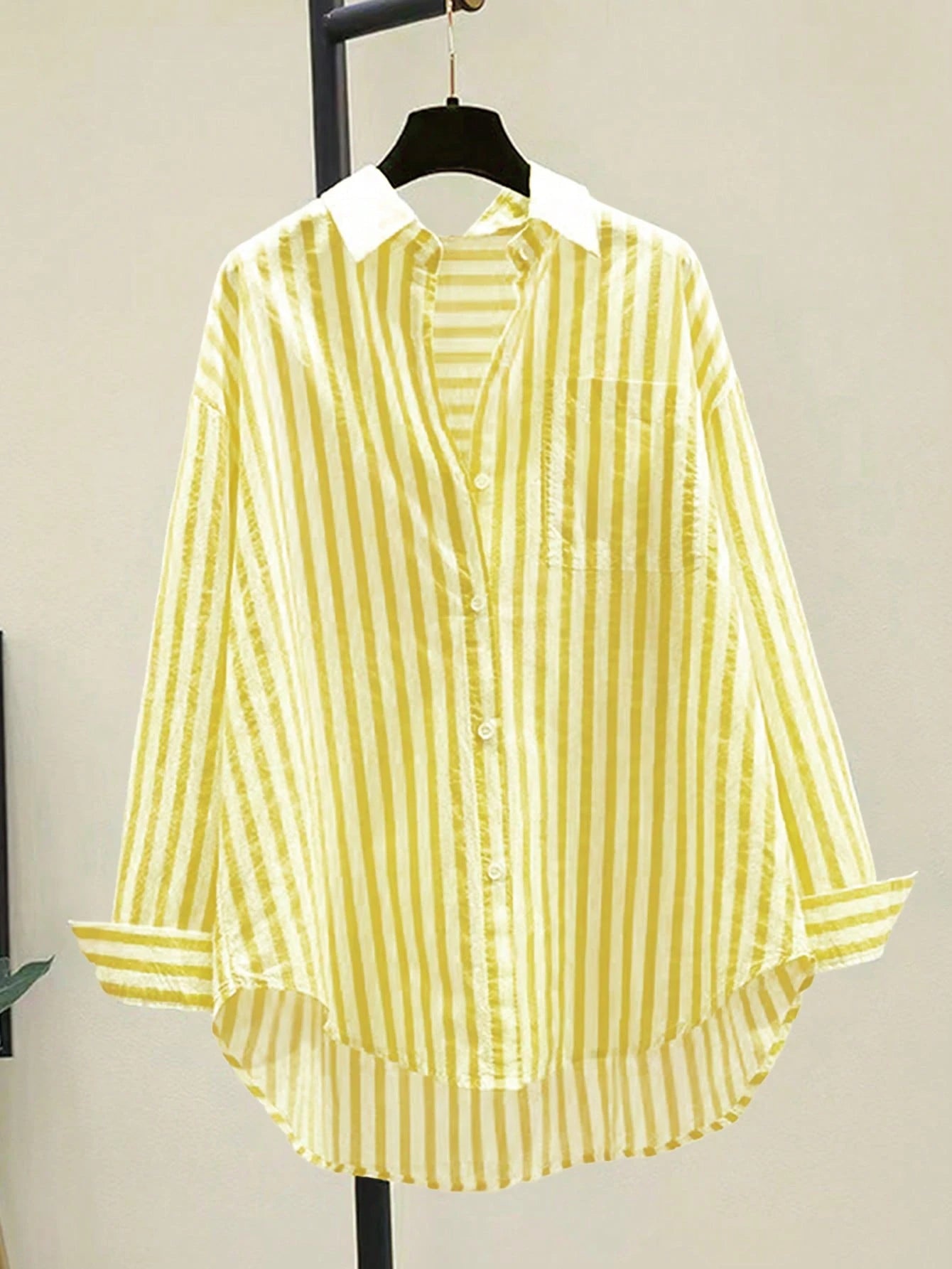 INAWLY Women's Casual Striped Print Long Sleeve Chest Pocket Shirt shein