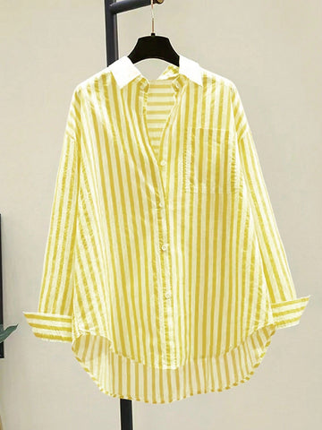 INAWLY Women's Casual Striped Print Long Sleeve Chest Pocket Shirt
