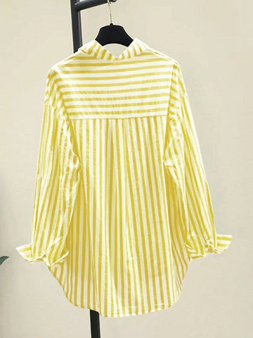 INAWLY Women's Casual Striped Print Long Sleeve Chest Pocket Shirt